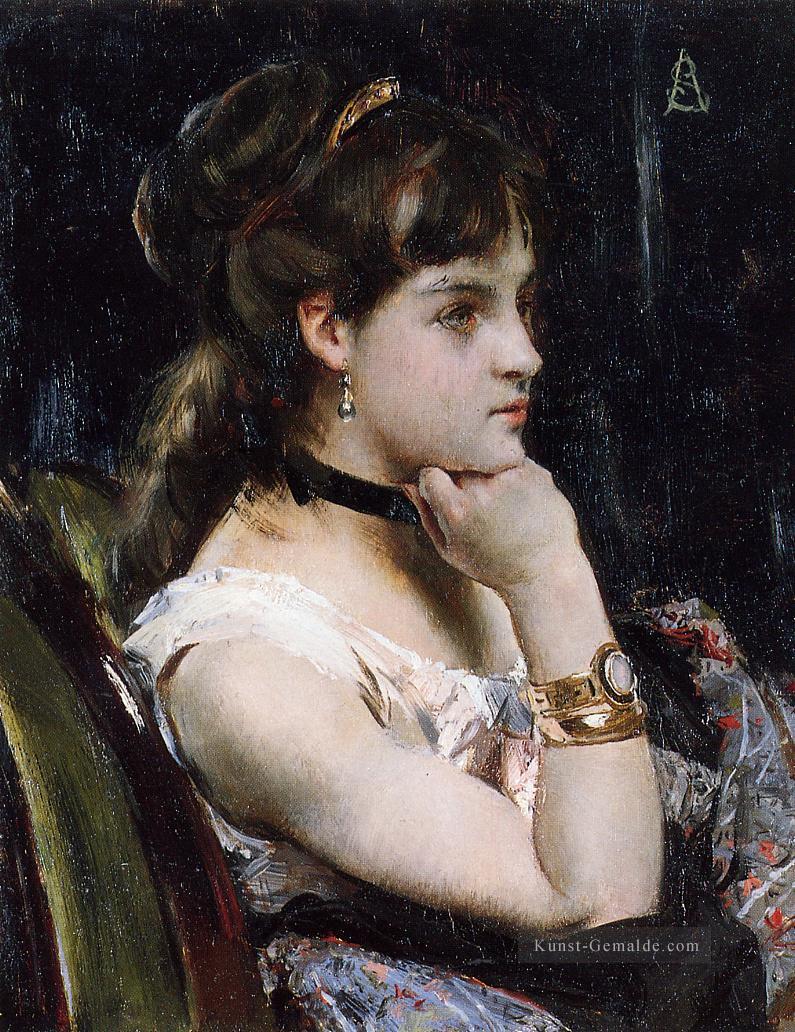 Frau die eine Armbanddame belgische Maler Alfred Stevens trägt Ölgemälde